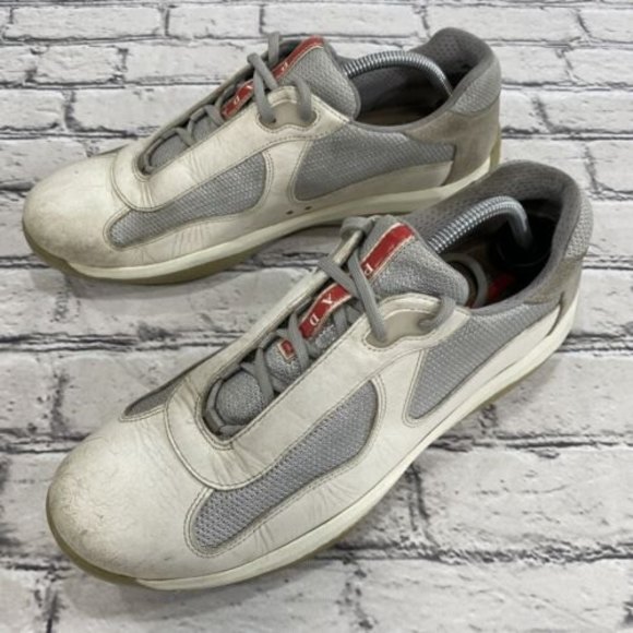 PRADA AMERICAS CUP SNEAKERS SHOES PS0906 WHITE LEATHER/ SILVER - SIZE 9 - Picture 2 of 12